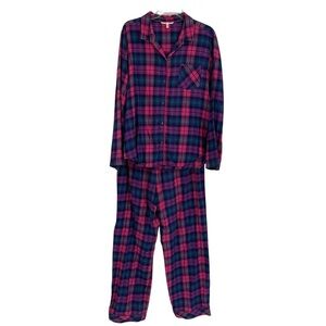 Victoria’s Secret Pajama Set Size L Pink Plaid 2 Piece Women’s Button Up Flannel